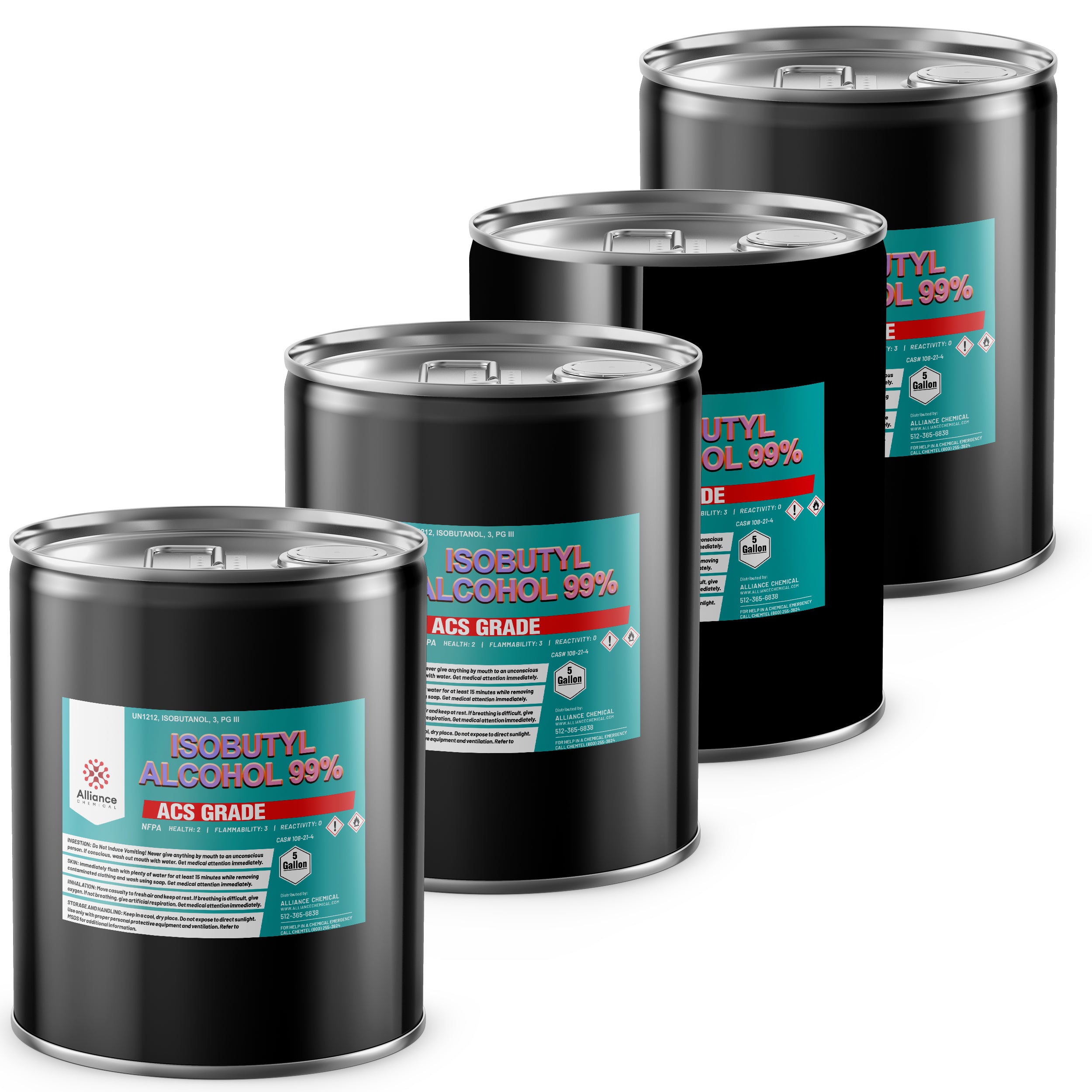 5-gallon steel drums of Isobutyl Alcohol 99% ACS Grade by Alliance Chemical, featuring NFPA safety labels, UN1212 marking, and sealed lids.